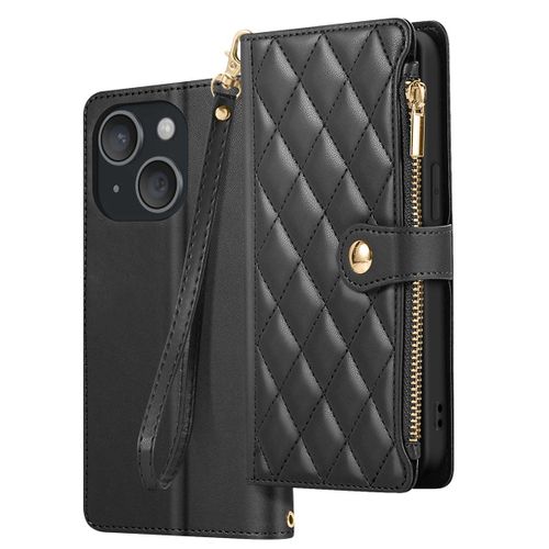 Étui Portefeuille pour iPhone 15 Texturé avec Support Vidéo et Porte-cartes Noir