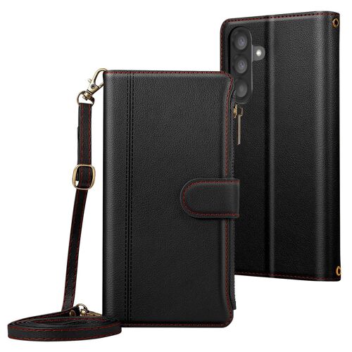 Étui Folio pour Samsung Galaxy A56 à Zip avec Bandoulière Amovible Noir