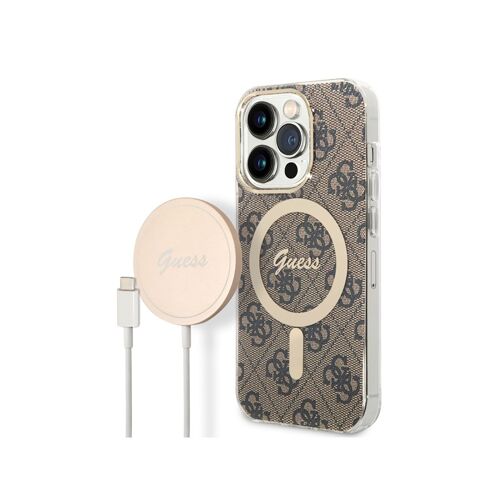 Bundle Coque pour iPhone 14 Pro Max Magsafe 4G et Chargeur Sans Fil Qi 15W Guess Marron