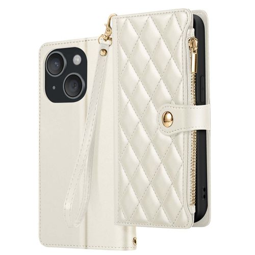 Étui Portefeuille pour iPhone 15 Texturé avec Support Vidéo et Porte-cartes Beige