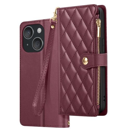 Étui Portefeuille pour iPhone 15 Texturé avec Support Vidéo et Porte-cartes Bordeaux