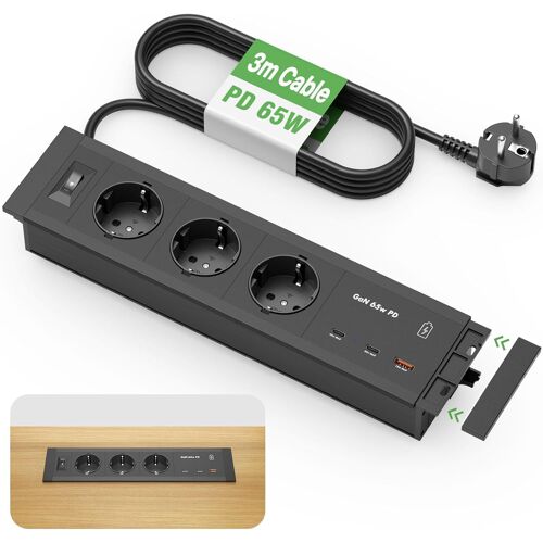 CMJAAGUR-Aluminium Bloc Pr Encastrable Plan De Travail Avec Câble 3M, 3 Pr S 2 Usb-C (Pd 65W), Charge Rapide Gan, Multipr Escamotable Avec Interrupteur, Idéal Pour Bureau, Table De Chevet, T[M1072]