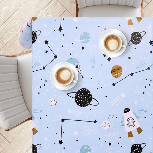 Sjzg-Nappe Carrée En Pvc Bleu 140x140 Cm \U2013 Thème Fusée De L`Espace Pour Enfants \U2013 Housse De Table Plastique Imperméable - Nappe Toile Cirée En Vinyle Nettoyable À L`Éponge, Aventure Galacti