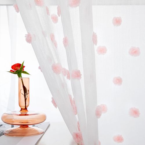 Anw-Rideaux Voilage Pour Chambre D'enfant Fille Draperies Voile Avec Oeillet Pompons Brodé Design Semi-Transparent Rideau Court Pour Cuisine,L 140 X H 160 Cm,Rose,2 Pcs