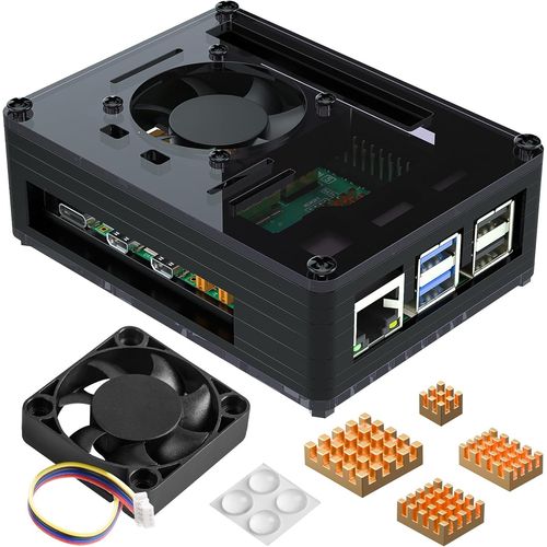 ChenQuanSarl-Acrylique Boîtier Pour Raspberry Pi 5 Avec Ventilateur Et 4 Cuivre Dissipateurs Thermiques Pour Raspberry Pi 5 4Go 8Go Refroidissement Actif Compatible Avec Raspberry Pi 5,Noir