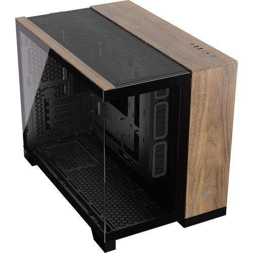 ChenQuanSarl-2500X Boîtier Petit Tour Matx À Double Chambre ¿ Verre Trempé Panoramique - Connexion Inversée Compatible Avec La Carte Mère ¿ Pas De Ventilateurs Inclus ¿ Noir/Bois Noyer