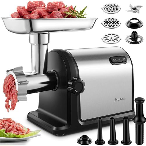 SUBZONAL-Hachoir a viande AOBOSI 3-IN-1 Hachoir à viande électrique avec 3 plaques de coupe en inox, 1 Kubbe et 3 tubes de remplissage pour saucisses, moteur 3000w Max, Hachoir avec lames.