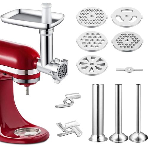 KALTD-Hachoir À Viande De Kitchenaid Accessoires,Hachoir En Métal Kitchenaid Pour Robot Pâtissier,Avec 5 Plaques De Broyage Et 3 Tubes À Farcir Pour De Hachoir Kitchenaid Artisan A Viande