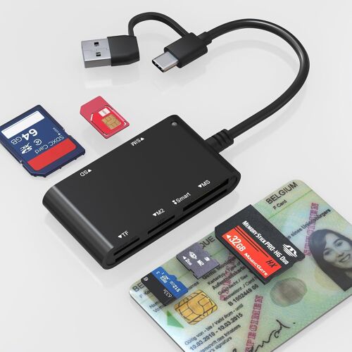 7-in-2 Belgian Identity Card Reader - ID, MicroSD, SD, MMC, SIM, M2, Memory Stick Pro Duo Adapter - Supports Digital Signature, DNI, Health Card, eID Reader Belgium