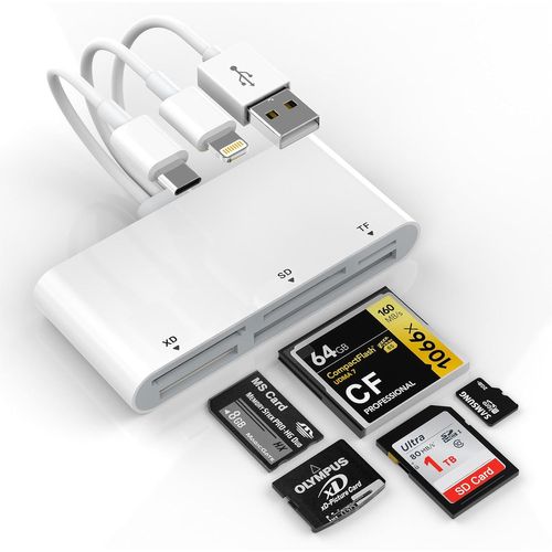 TIANYI-5 en 1 Multi lecteur de carte mémoire, adaptateur Lightning C-USB A pour SD/TF/CF/Micro SD/XD/MS, lecteur de carte OTG haute vitesse pour iPhone/iPad/Android/MacBook/PC
