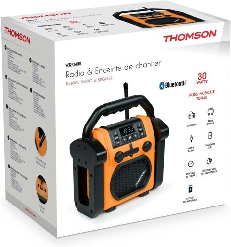 Radio et Enceinte de Chantier, Batterie Rechargeable,Bluetooth, Radio FM, AUX in, 30 Watts Thomson