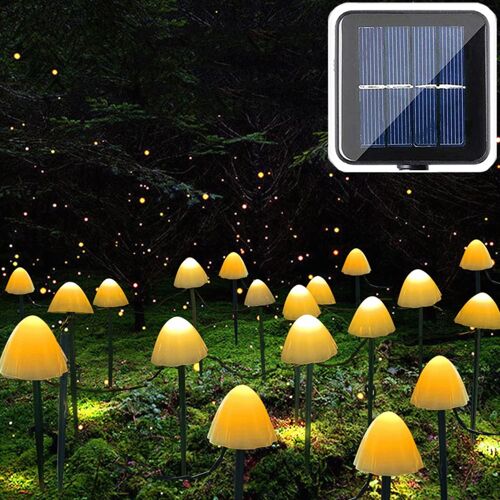 Kalanka-Champignon Guirlande Lumineuse Exterieur Solaire 5m, 20 Led Luminaires Solaires Champignon, 8 Modes Étanche Paysage Pathway Patio Stake Lumière Décoration Balcon Pour Jardin Cour Noël, Blanc