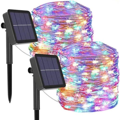 Kal-Lot De 2 Guirlandes Lumineuses Solaires Colorées Pour Extérieur, 12 M, 120 Led, 8 Modes, Guirlande Lumineuse Solaire Étanche, Fil De Cuivre, Éclairage Décoratif Pour Maison, Jardin, Terrasse,Fête