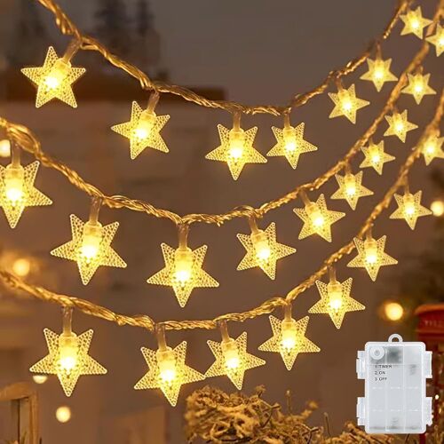 Guirlande Lumineuse À Led Pour L'extérieur - 6 M - 40 Led - Étoile À Cinq Branches - Avec Minuterie - Étanche Ip65 - Pour Jardin, Camping, Noël, Décoration Intérieure Et Extérieure - Blanc