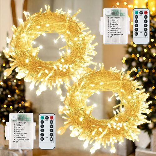 Kalanka-Lot De 2 Lumières Noël 60 Led Piles, 7m, 8 Modes, Extérieur/Intérieur, Étanche Ip65, Minuterie, Télécommande