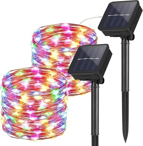 TRAHOO-2 Pack Guirlande Lumineuse Exterieur Solaire, 10M 100 LED Étanche Guirlande Solaire Exterieur, Auto ON/OFF Décoration Lumière pour Jardin Terrasse Clôture Cour Maison Noël Mariage Fête, Couleu