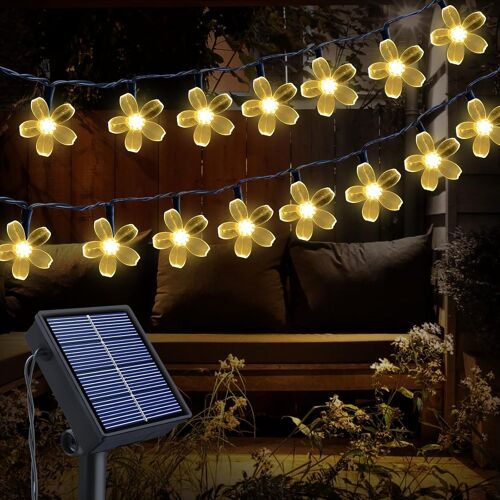 Jgd-Solaire Guirlande Lumineuse,14m 120leds Fleurs De Cerisier Lumières,8 Modes Imperméable Lumières Féériques De Noël Patio,Jardin,Arbre,Balcon,Mariage,Blanc Chaud