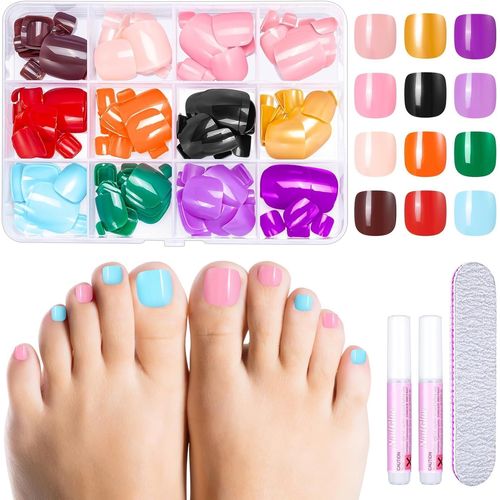 288 Pièces Faux Ongles Pieds,12 Couleurs Capsules Ongles D'orteil Court Artificiel Couverture Complète False Toe Nails Tips Pour Femmes 