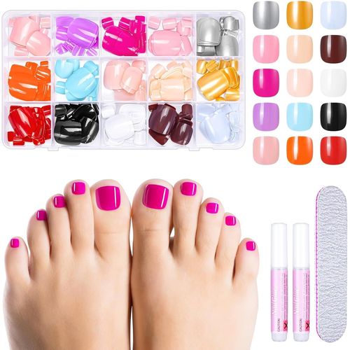 360 Pièces Faux Ongles Pieds,15 Couleurs Capsules Ongles D'orteil Court Artificiel Couverture Complète False Toe Nails Tips Pour Femmes 