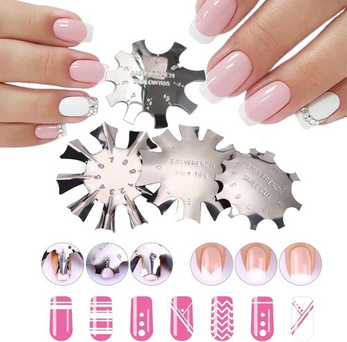 4 Pièces French Sourire Ligne Coupe Edge Tondeuse Métal Modèle D'ongle,French Manucure Pochoir Cutter,Plaque Ligne V Français Facile,Pour Gel Uv Acrylique Modelage(Argent)