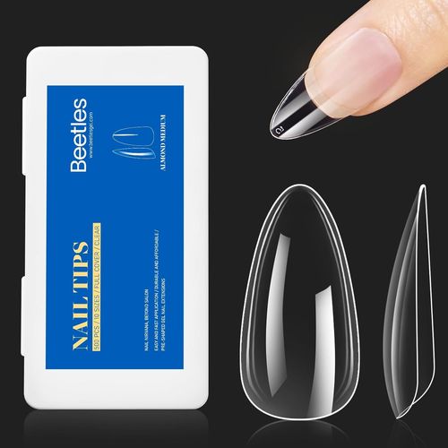 Kal-Beetles 500pcs Faux Ongles Moyen Amande, Acrylique Capsules Ongles Préformé Full Cover Soft Transparent Pose Ongle Pour Les Studios De Manucure En 10 Tailles, Medium Almond 