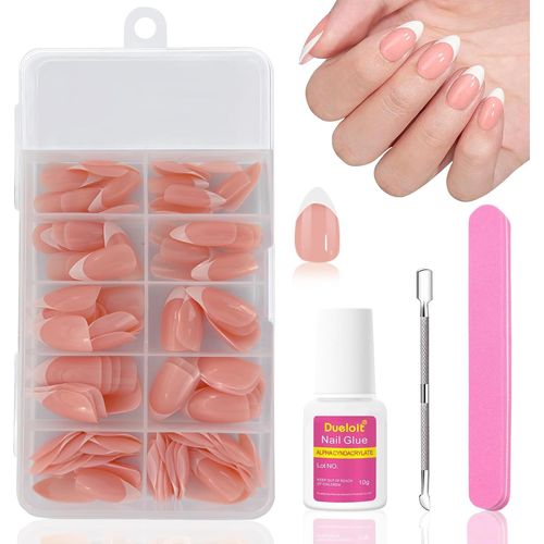 Kal-120 Pièces Faux Ongles Court Amande, Rose French Acrylique Capsule Ongles Couverture Complète Press On Nails, Naturel Artificiel Faux Ongles À Coller Avec Colle Pour Femmes Filles Diy Manucure Sa 