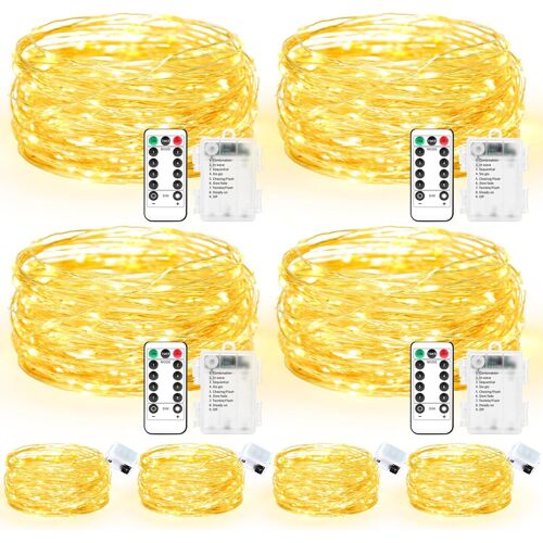 KAL-Lot De 4 Guirlandes Lumineuses Led De 10 M + 4 Piles De 3 M, 8 Modes De Télécommande, Minuterie - Ip65 - Étanche - Pour Décoration De Noël - Couleurs Chaudes