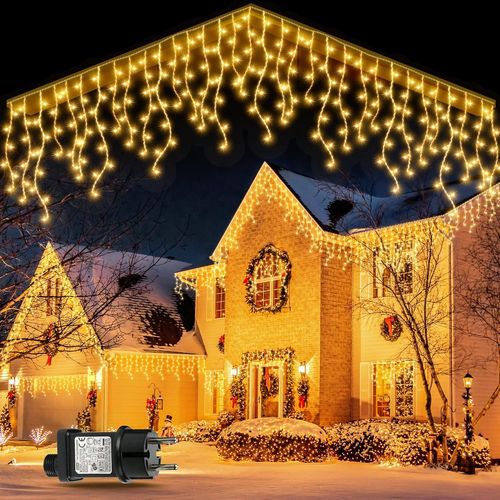 Jgd-Rideau Lumineux Noel Exterieur, 10m 400 Led Connectable Guirlande Lumineuse Avec Ip65 Étanche Timer, 8mode Economie D'énergie Pour Decoration -Blanc Chaud