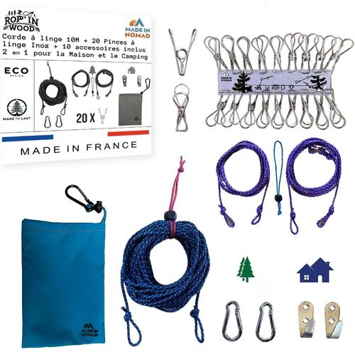 jum-Rop'In Wood: Corde A Linge Exterieur Intérieur 10M Anti-Noeud,1 Sac,10 Pinces À Linge Inox,2 Attaches Arbre/Corde,2 Crochets,3Mousquetons,2En1 Pour Buanderie,Voyage,Camping,Made In France