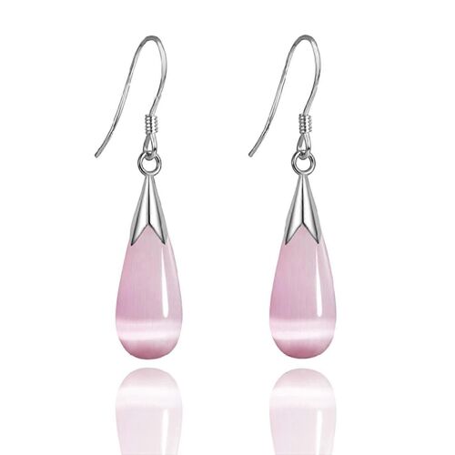 Boucles D'oreilles En Argent Sterling Avec Opale Blanche Naturelle, Boucles D'oreilles En Argent Sterling 925 Pour Femmes, Longues Boucles D'oreilles Pendantes Pour Adolescentes (Rose)