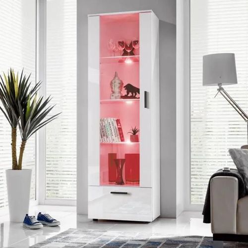 Vitrine Armoire Alessandria Komodee - Led Rgb - Blanc Brillant Et Blanc - Facades En Brillant - 60 X 192 X 42 Cm