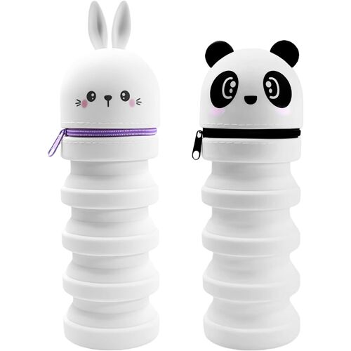 Chenquansarl-Trousse Ecole 2 En1 En Silicone Lot De 2 Trousses Souples En Silicone, Porte Stylo Télescopique En Silicone Blanc Avec Fermeture Éclair, Trousse Avec Panda Et Lapin Pour Adolescentes Et