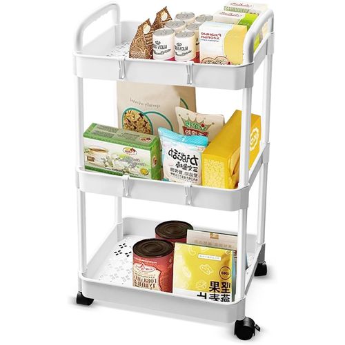 Chenquansarl-Chariot À 3 Niveaux Desserte À Roulettes, Blanc Plastique Rangement Chariot De Service Avec 4 Crochets Pour Cuisine, Salle Bain, Bureau, 38 × 25 × 76 Cm Desserte Rangement Multifonctionn