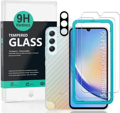 JGD-Protecteur d'écran pour Samsung Galaxy A34 5G(6.6""),avec 2 pièces en verre trempé,1 protection d'objectif d'appareil photo,1 film en fibre de carbone[pas de bulles]