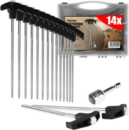 14 X Steel Tent Pegs With Adapter For Cordless Screwdrivers - Screw Pegs In A Transport Box - Heavy Duty Ground Stakes With Thread For Camping And Outdoors