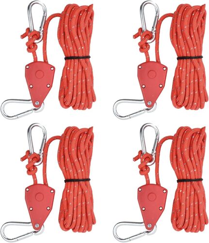 4 Pieces Reflective Tent Rope, 5 M Lightweight Camping Rope, 4 Mm Pulley Ratchet Hook, Tent Guy Rope With Aluminium Tensioner, Paracord Rope Our Awning Tarpaulin (Red)