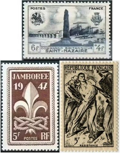 France 1947, Très Beaux Timbres Neufs** Luxe Yvert 786 Hommage Au Commando Britannique Débarqué À Saint-Nazaire, 787 Jamborée International Et 790 Souvenir De La Résistance.