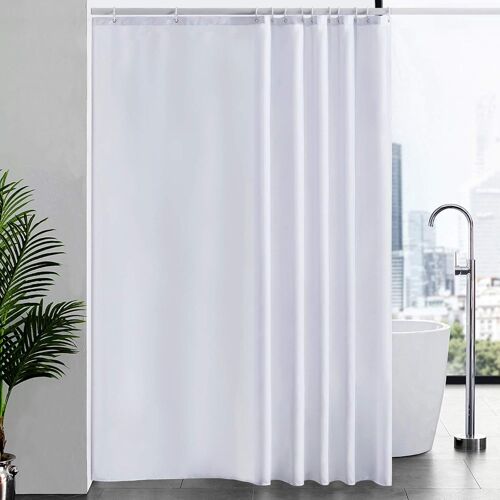 Rideau de Douche Anti Moisissure Tissu en Polyester Imperméable Rideaux de Douche Textile Lavable pour Baignoire ou la Salle de Bain 12 Crochets de Rideau Douche Blanc-Extra Long 200x220cm.
