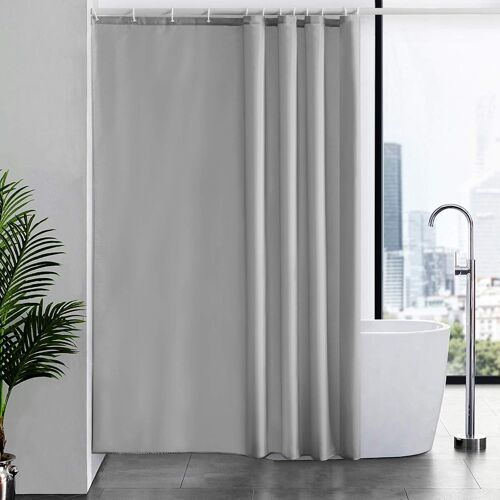 Rideau de Douche Anti Moisissure Tissu en Polyester Imperméable Rideaux de Douche Textile Lavable pour Baignoire ou la Salle de Bain 12 Crochets de Rideau Douche Gris-Extra Long 180x220cm.