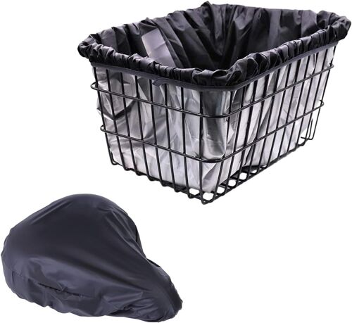 1 Housse De Pluie Pour Panier De Vélo Avec 1 Housse De Coussin De Siège De Vélo,Panier De Vélo Imperméable,Porte-Bagages Pour Sac De Vélo,Sac De Rangement Pour Sangle De Selle De Vélo (Noir)