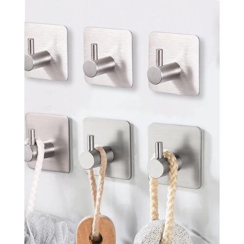 6 Pièces Crochets Adhesifs,Crochet Mural en Acier Inox Sans Perçage,Anti-rouille et étanche,Crochets de Salle de Bains Salon et Cuisine pour la Serviette de Bain Patere Carré,Argent