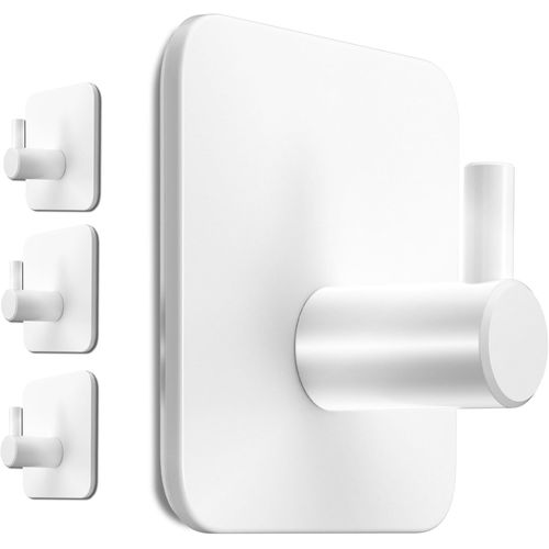 Lot de 4 porte-serviettes sans perçage-Blanc inoxydable-Crochets adhésifs en acier inoxydable avec pastilles adhésives imperméables-Crochets autocollants pratiques dans la salle de bain