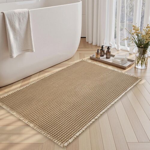 Tapis de Bain 60 x 90 cm,Marron et Blanc,Super Absorbant,gaufré avec Pompons,antidérapant,Lavable en Machine