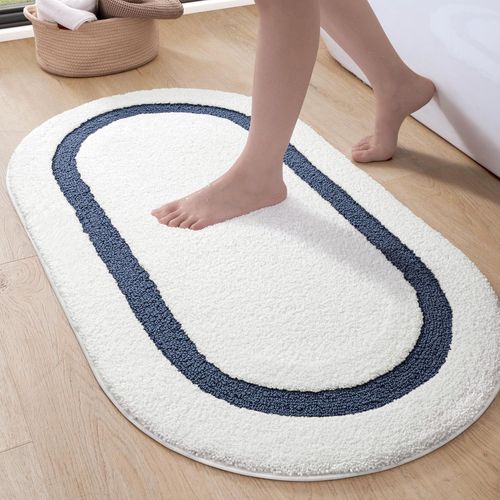 TIANYI-Tapis Salle de Bain Antidérapant 44 x 76 cm, Super Absorbant, Microfibre Douce et à Séchage Rapide, Forme Ovale, Lavable en Machine, pour Toilettes, Douche, Bleu