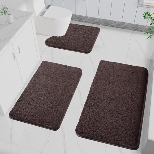 Lot de 3 tapis de bain antidérapants,doux,absorbant l'eau,en microfibre,pour la salle de bain,lavable en machine,pour baignoire,douche et salle de bain (café)
