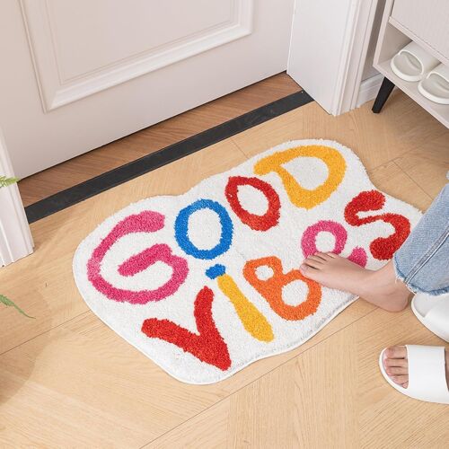 Good Vibes Tapis De Bain Amusant Avec Mots Mignons Tapis Cool Pour Salle De Bain Antidérapant Microfibre Lavable Absorbant Tapis De Douche Pour Chambre À Coucher Cuisine Salon