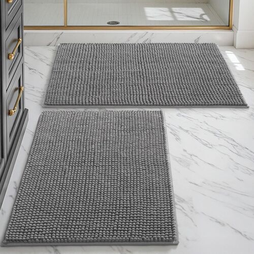 Tapis Salle de Bain 2 Pièces 40 x 60 cm,Super Absorbant et Doux en Chenille,Lavable en Machine,Séchage Rapide et Antidérapant pour la Douche,Baignoire,Toilettes,Gris
