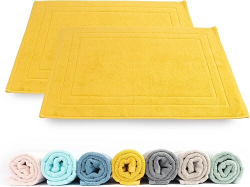 Lot de 2 tapis de bain-100 % coton éponge-50 x 70 cm-Qualité 700 g/m²-Séchage rapide-Absorbant-Lavable-Jaune ocre