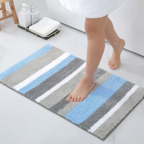Tapis de Bain Antiderapant,Tapis Salle de Bain Rayé en Microfibre Douce,Absorbant à Poils Longs,Lavable en Machine-40 x 60 cm,Bleu/Gris