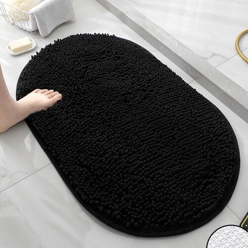 Tapis de Bain Antidérapant,Ovale Tapis Salle de Bain Absorbant en Microfibre Chenille Tapis de Douche,Doux et Confortable Tapis de Sol Lavable (50x80CM,Noir)